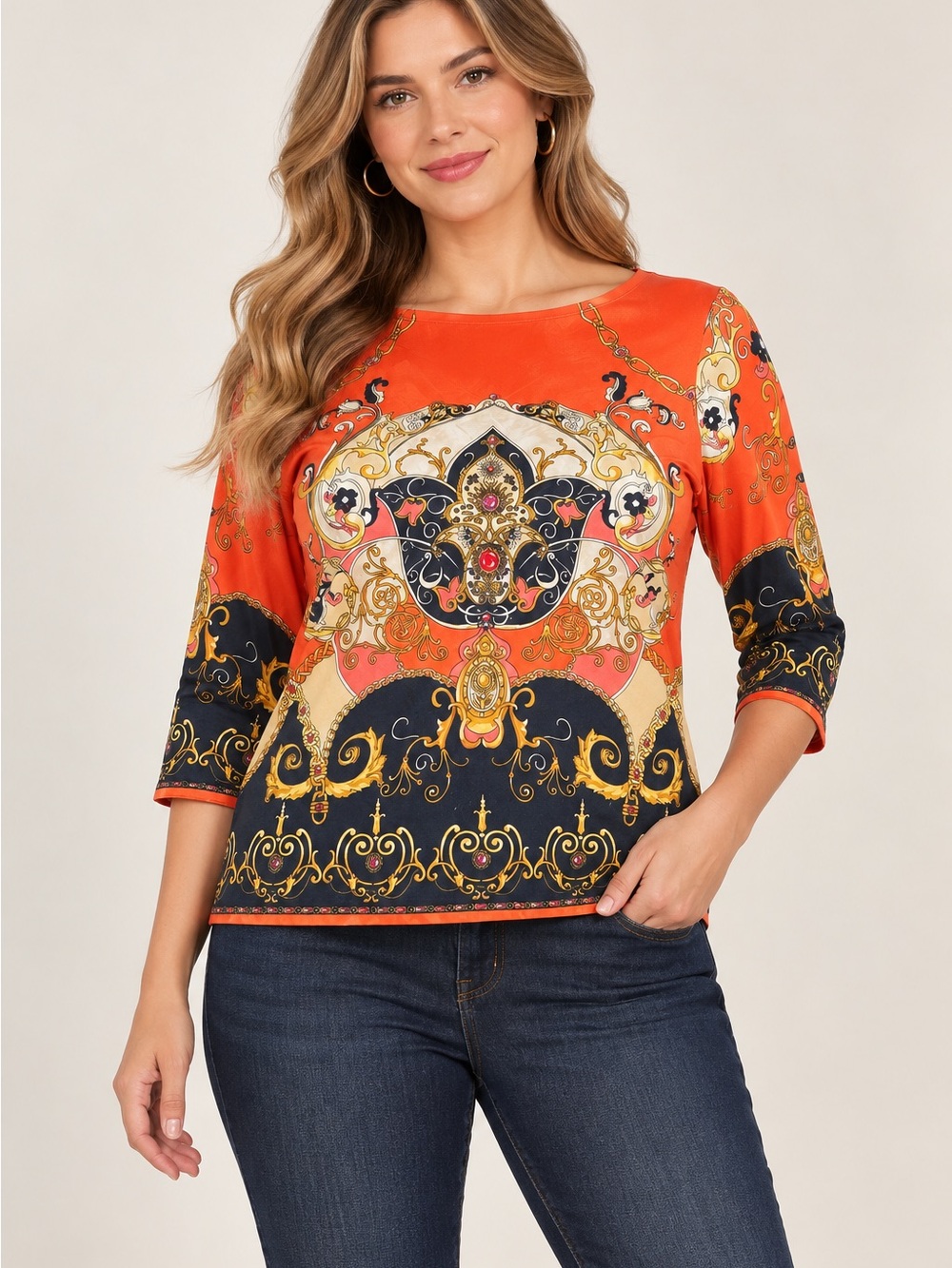 Talbots Orange and Navy Baroque Print 3/4 Sleeve Tunic - 96% cotton